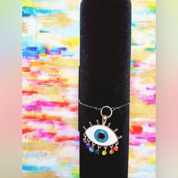 Rainbow Crystal Evil Eye Slider Chain Gun Metal Bracelet Hand Crafted - Picture 3 of 4